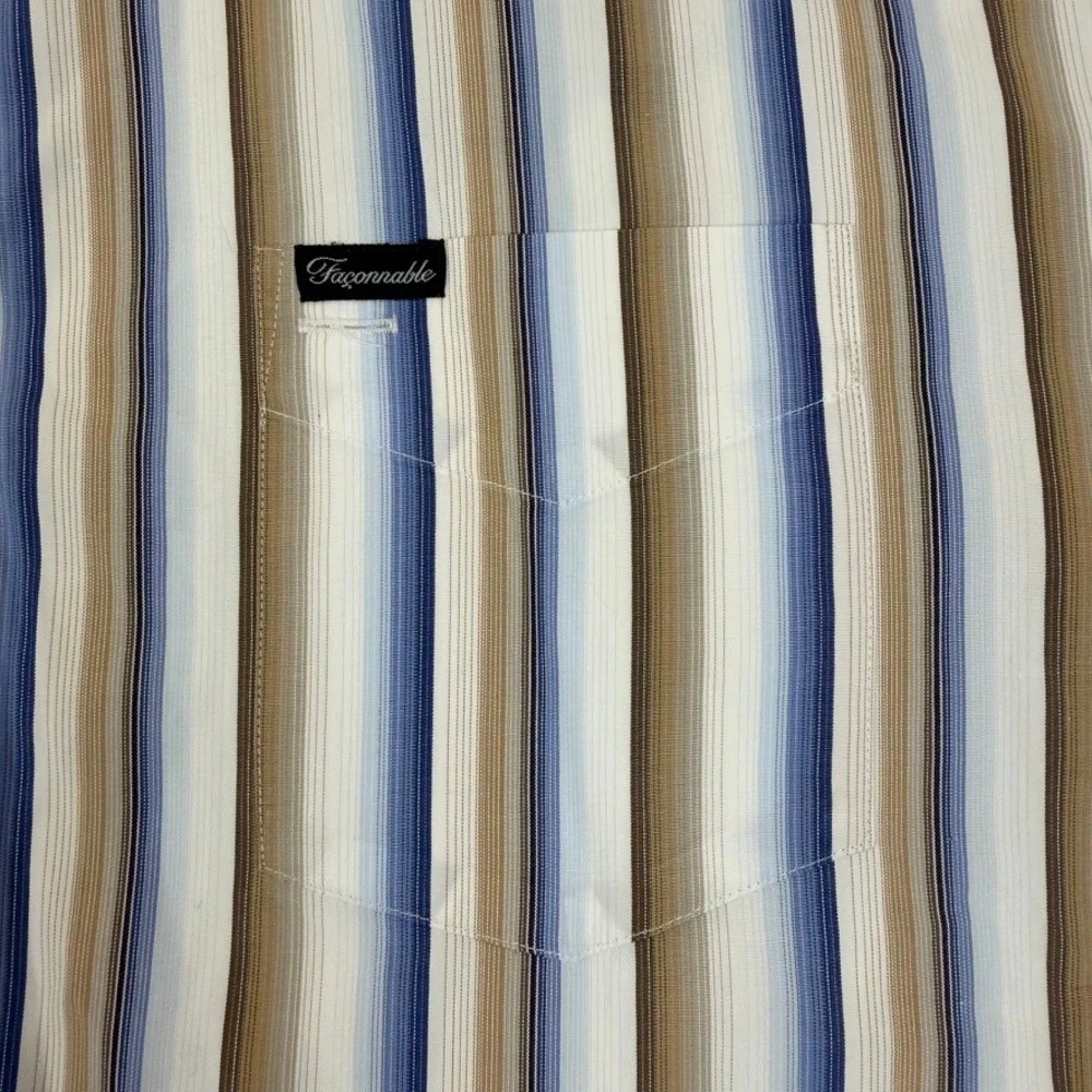 Faconnable Mens XXL‎ Blue/Tan/White Striped Long Sleeve Button Down Cotton Shirt